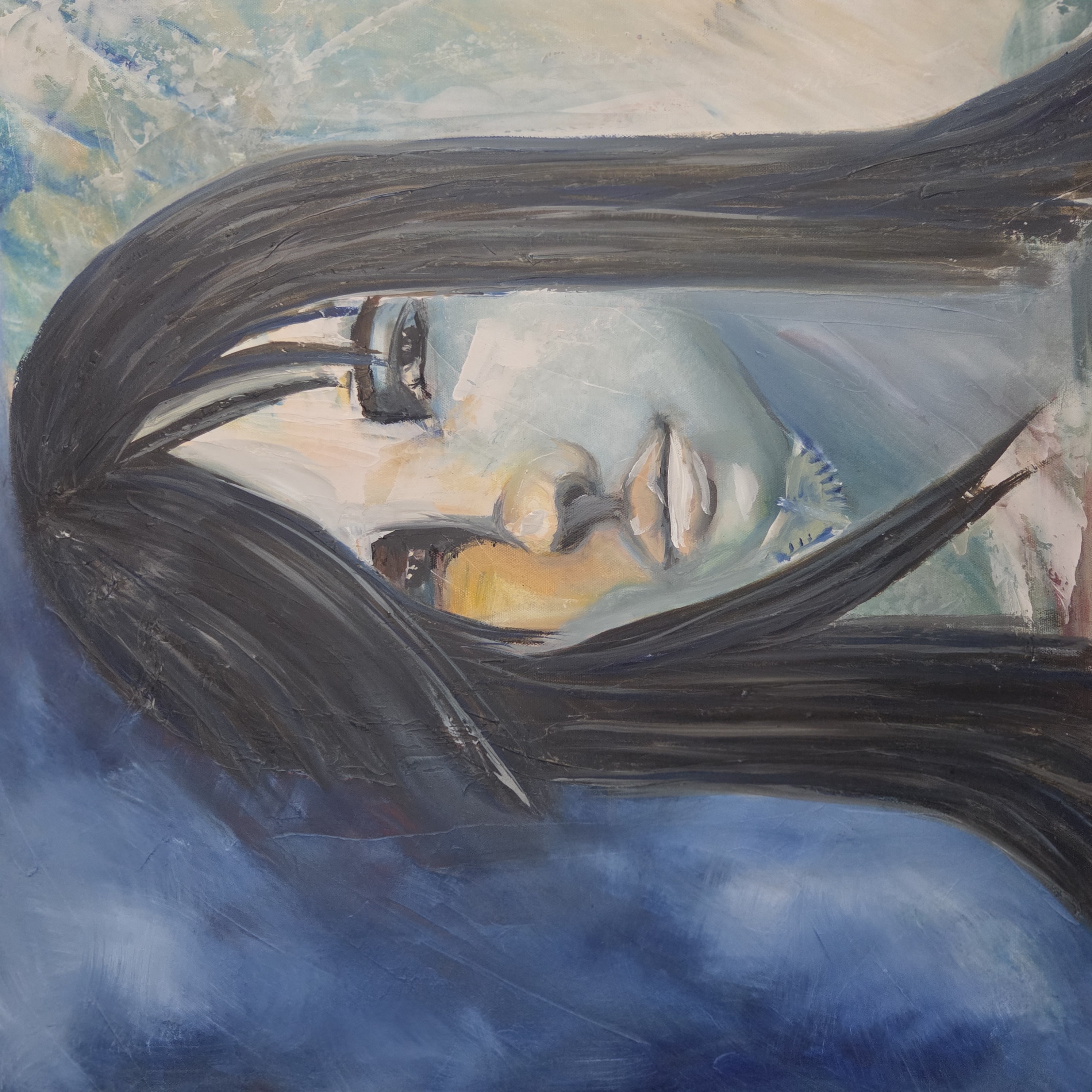 Close detail of a blue-haired oil painted face.