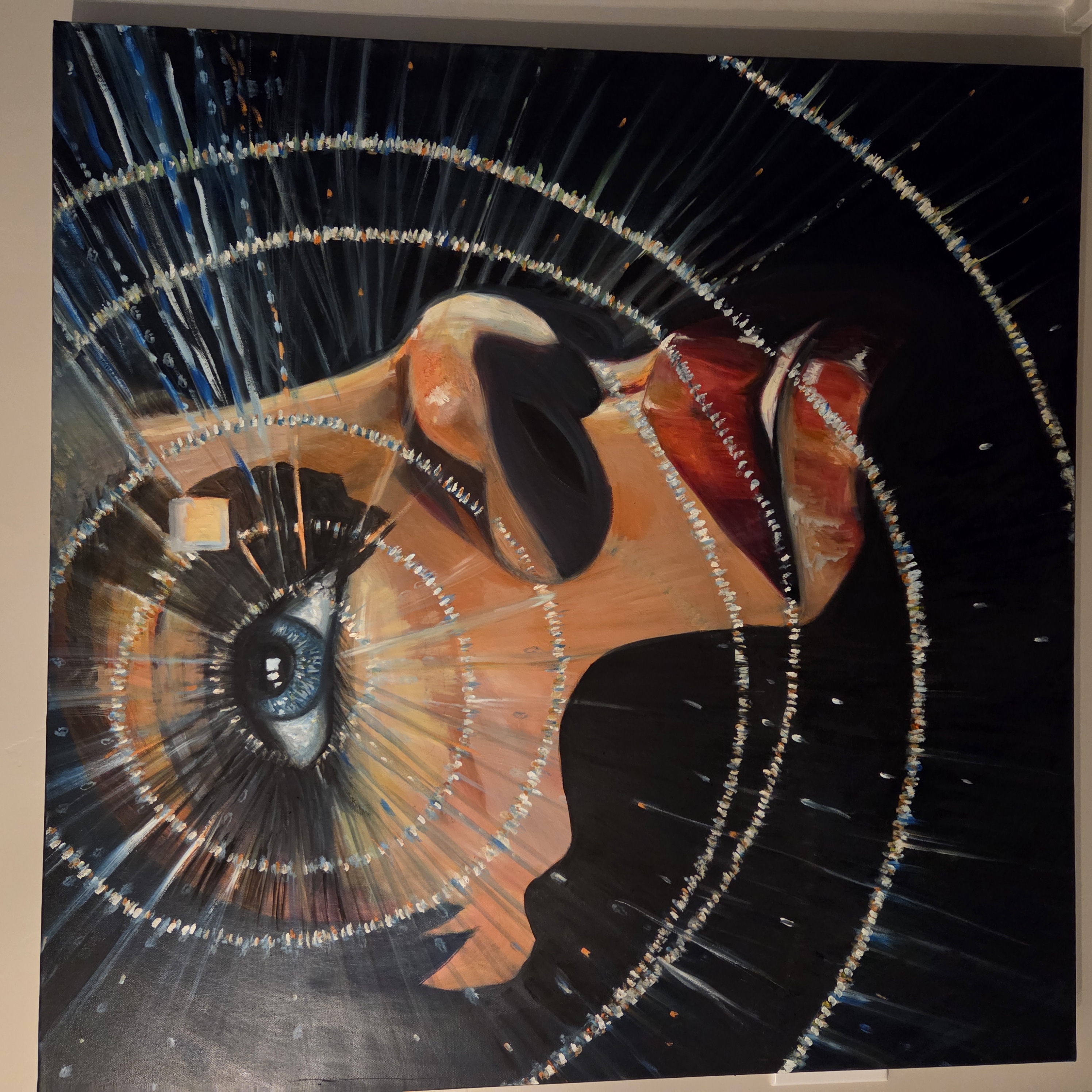 Large dark figurative oil painting with a blue eye and luminous rings.